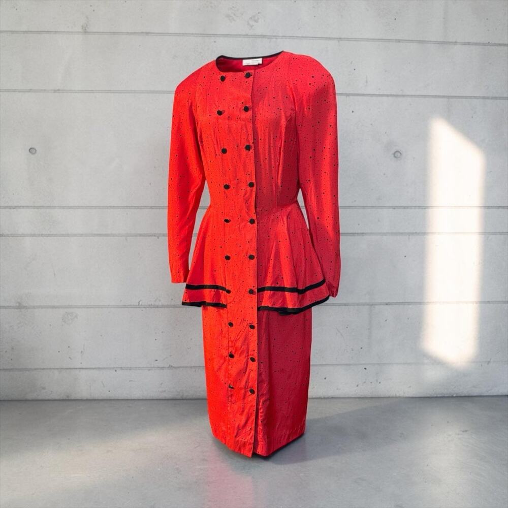 80s Cherry Red Polka Dot Peplum Wiggle Dress JT Dress Rockabilly Secretary 6